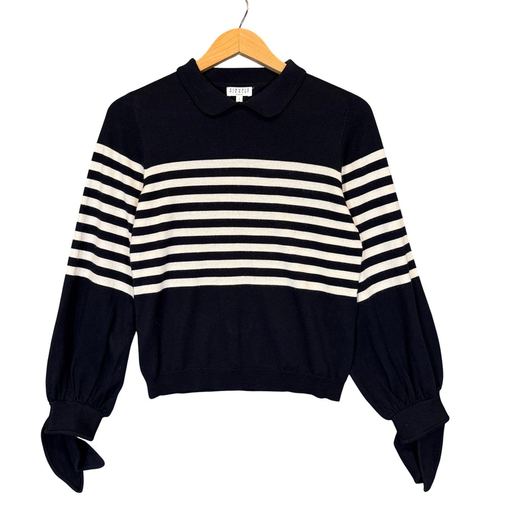Claudie Pierlot Striped Sweater Women 1 Navy White Peter Pan Balloon Sleeve Knit